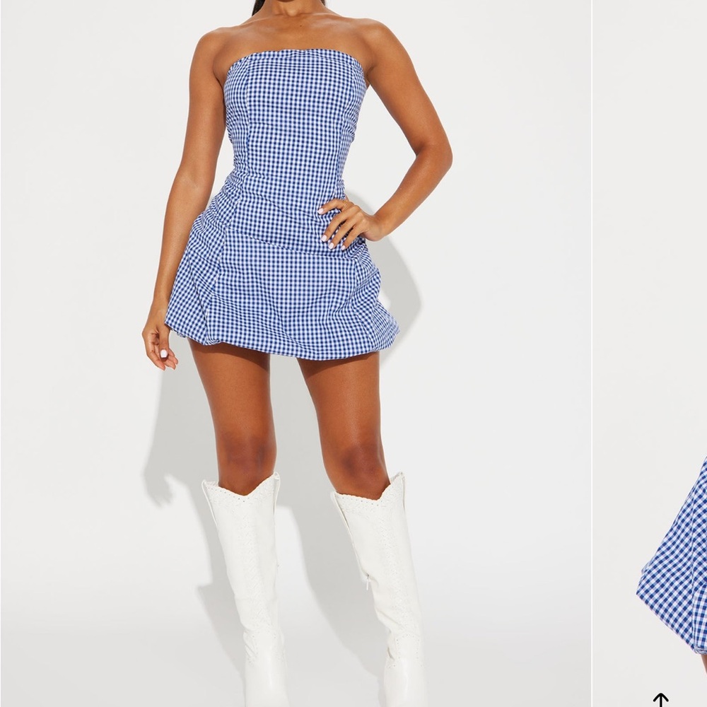 Fashion Nova Blue and White Strapless Sundress